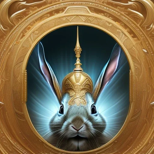 fantasy magic, sharp focus, illustration, highly detailed, digital painting, concept art, art germ and Paul Lewin and Kehinde Wiley, masterpiece silver rabbit head bronze turquoise golden waves