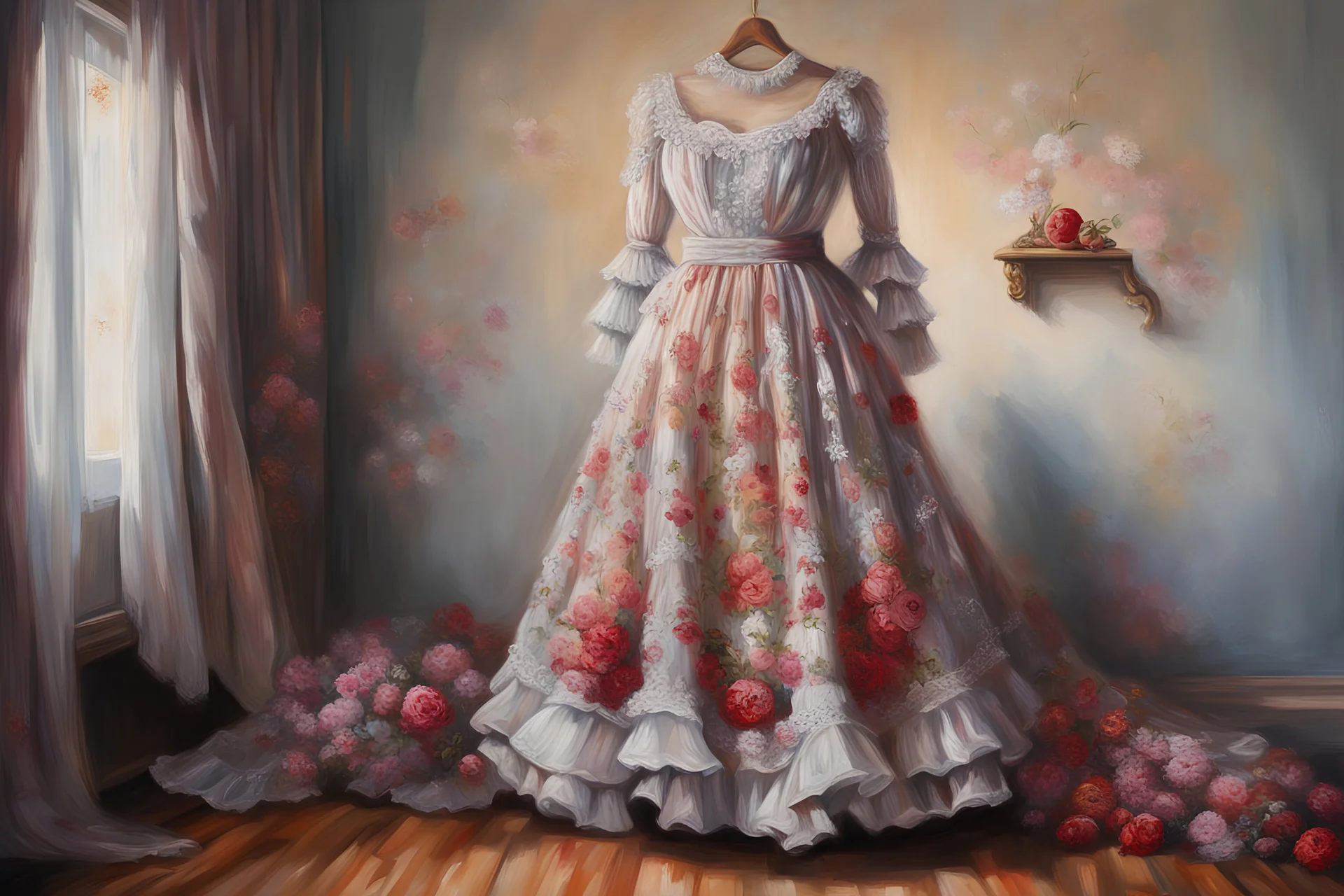 A beautiful romantic ruffled dress, decorated with beautiful embroidered flowers and lace, hanging on a hanger in a bedroom by the fireplace, in the light of the fireplace, Hyper realistic, oil on canvas award winning fantastic view ultra detailed acrylic art Ultra realistic Impressionism Surrealism simen johan, sharp focus intricate oil on canvas cinematic lighting photorealistic high detail ultra detailed crisp quality colourful