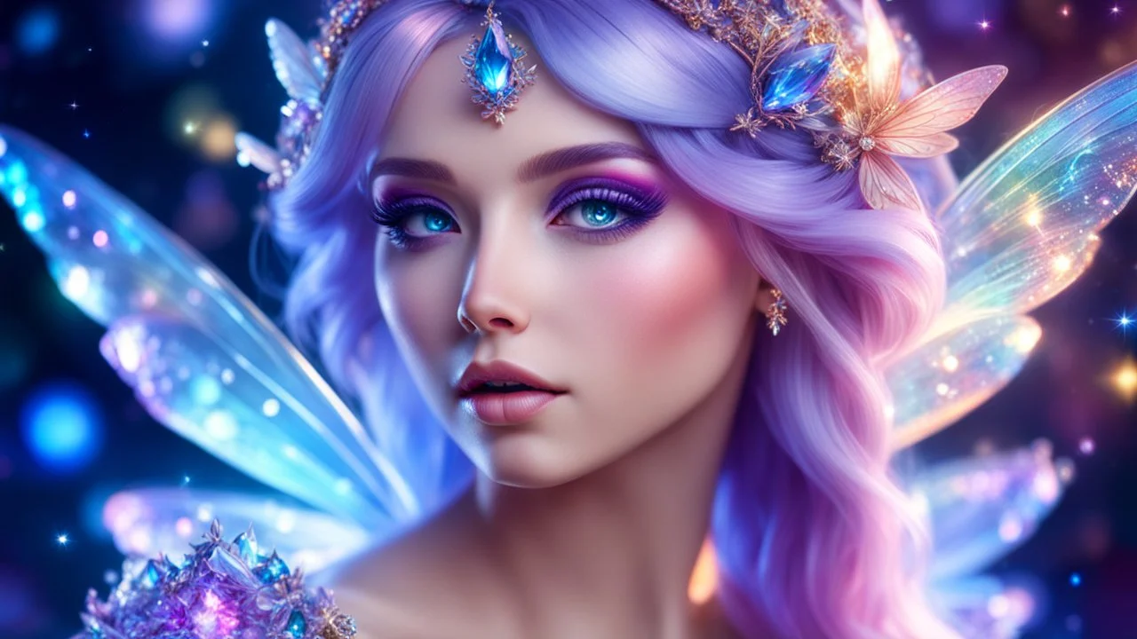 macro photorealistic portrait, sparkling magical fantasy crystal fairy , very detailed, amazing quality, intricate, cinematic light, highly detail, beautiful, surreal, dramatic, galaxy fantasy colors, <lora:SDXLFaeTastic2400:0.3>