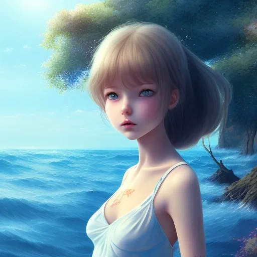 Little girl day, sunny, relaxing, sea, trees, real details anime style, realistic, glowing beach