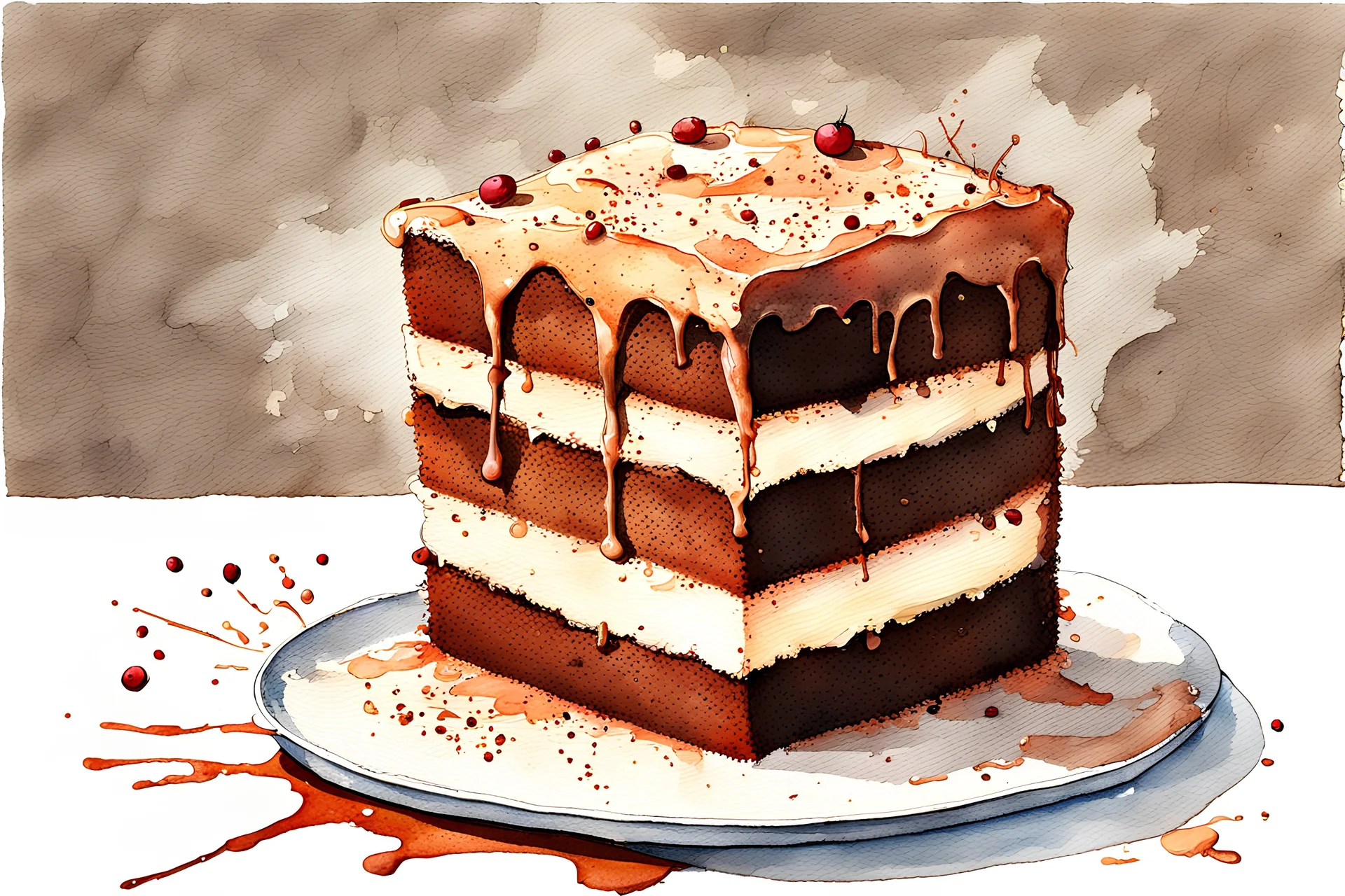 paint-splattered watercolor painting of a brown plain cake without icing or cream , no decoration on a bright white background