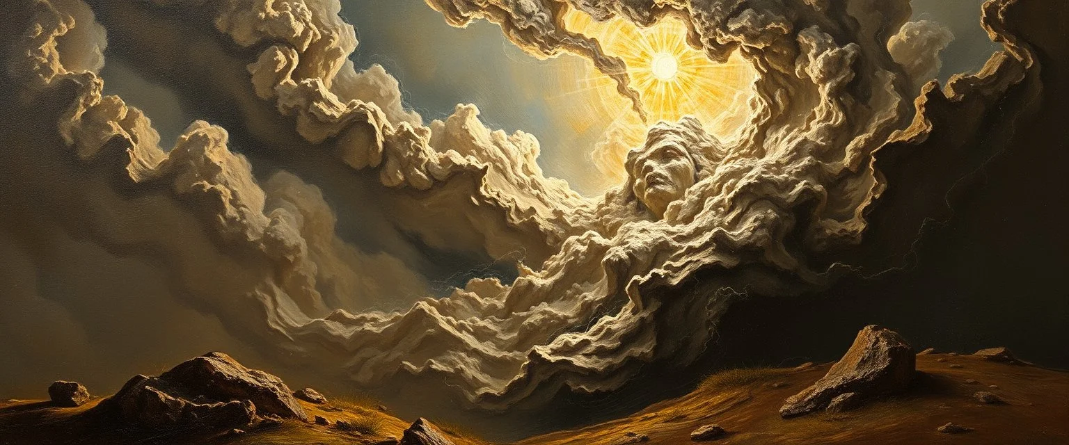 master oil painting by Rembrandt, good afternoon clay golem in radiant whirlwind