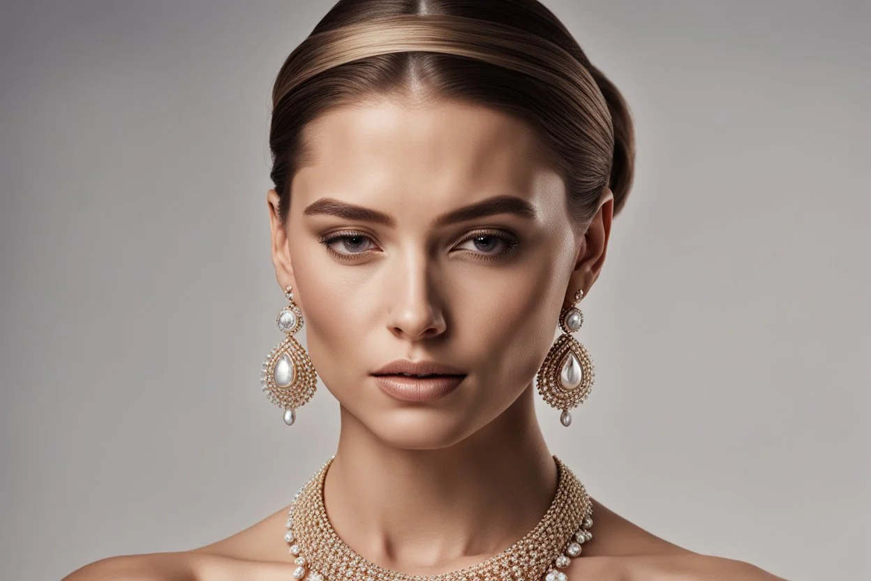 arafed image of a woman with a necklace and earrings, by Emma Andijewska, chaumet style, bvlgari jewelry, inspired by Emma Andijewska, zoomed in, chaumet, by Zahari Zograf, by Mathias Kollros, slicked-back hair, soft portrait shot 8 k, beauty campaign, close portrait