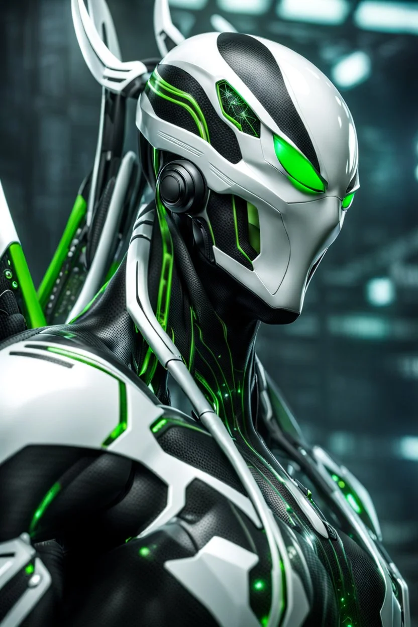 Cyborg symbiote, white color, green color, tendrils, high tech, cyberpunk, biopunk, membrane wings, carbon fiber, cyber tentacles, and the other two.