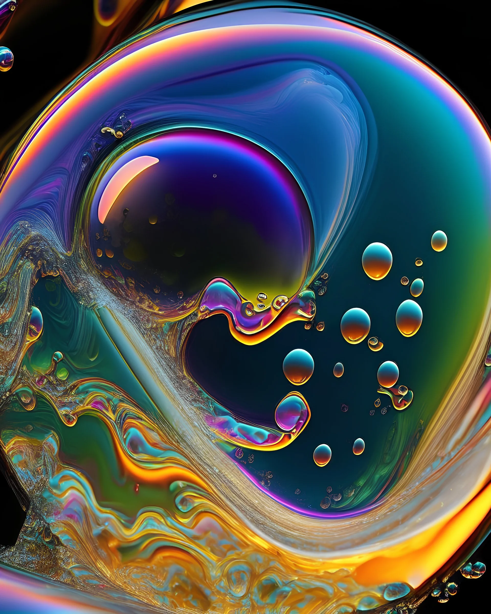 The swirling, vibrant colors and patterns of a soap bubble, with a detailed view of the thin film and the light reflecting off its surface.