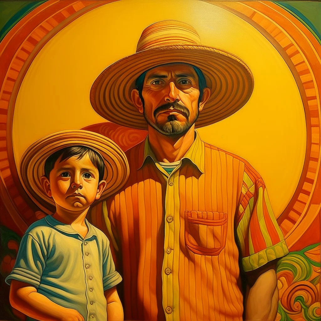 mexican men with child portret painting neoclassism whole body zoom the sun