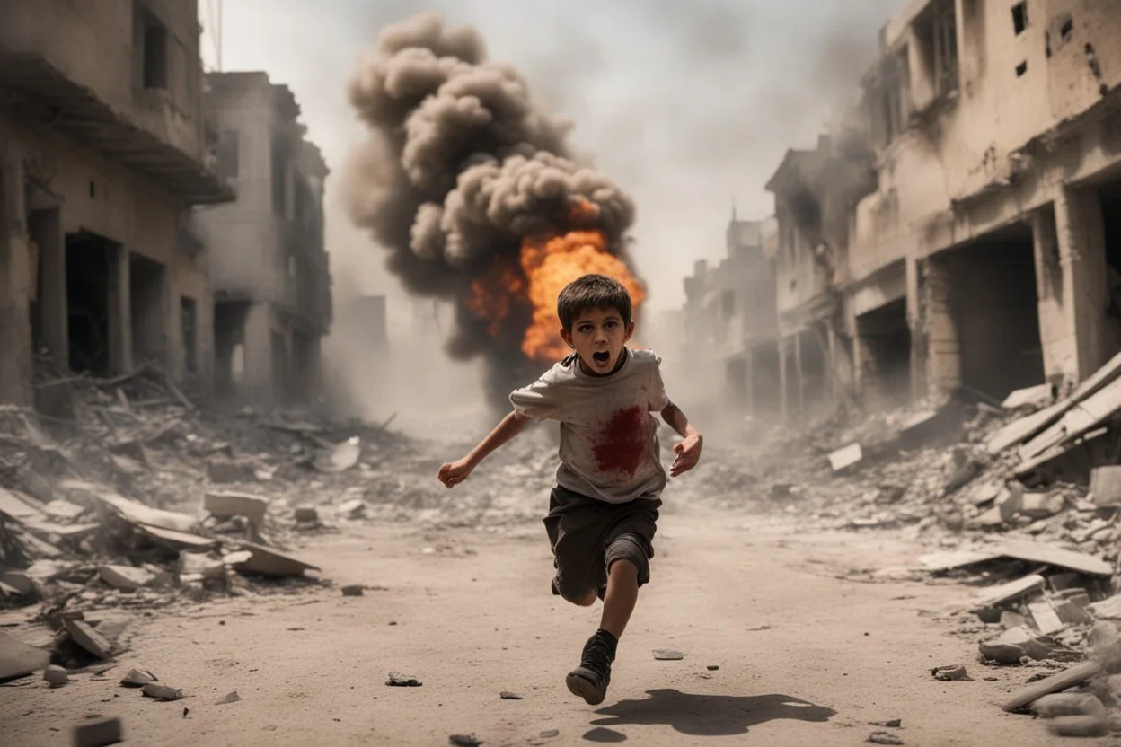 bloody children with without arms running from bombs in a ruined city in Palestina, smoke and fire and explosions