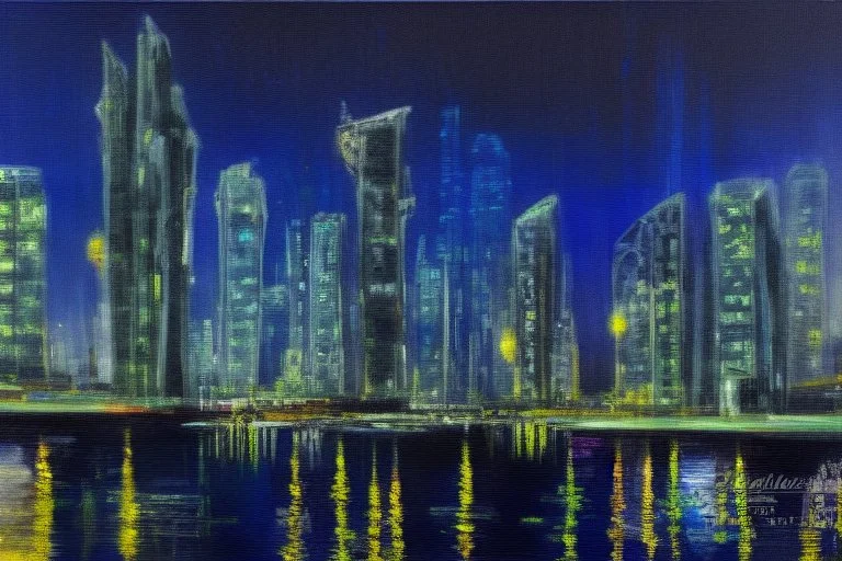 Night, cyberpunk buildings near pine trees, tendency to science fiction, impressionism painting