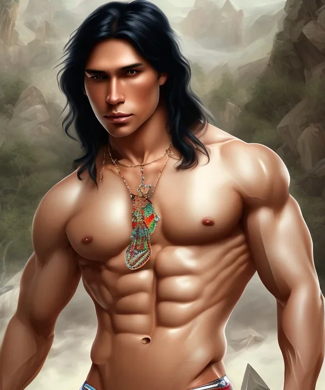 native american warrior, long black hair, big muscles, magic crystal neckless , shirtless