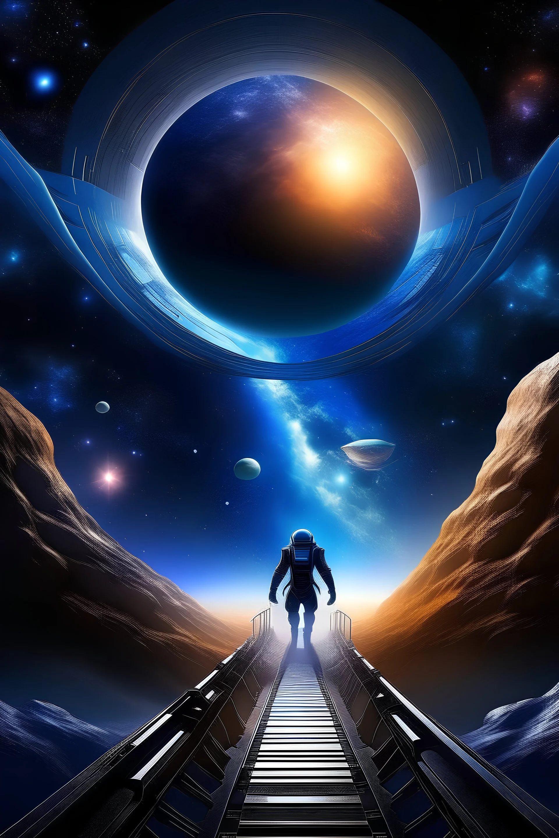 Create an image that depicts an epic journey through the cosmos with Midjourney as the protagonist. Show the spaceship navigating through breathtaking interstellar landscapes, encountering strange celestial beings, and unveiling the mysteries of the universe. The image should be a blend of awe-inspiring wonder and futuristic technology.