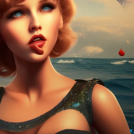 Aaron Carter with sexy Clara Bow, stormy seas, two people, Aaron Carter, romance, romantic, water, swimming, DAZ3D, by Michael Turner, soft lips, cinematic lighting, studio lighting, shine, 4K, fantastic view, girls at beach with her.