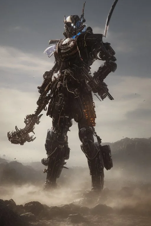 Close image of Anime depiction of a cybernetic samurai in a post-apocalyptic setting, focusing on the intricacies of the armor and weaponry, 8k realistic