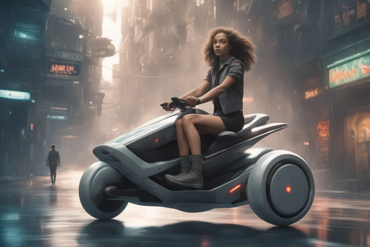 young woman astride a large hoverbike, with no wheels, floating along an alien street