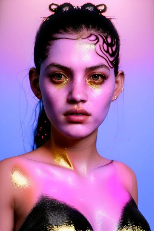 Realistic image, Rosalía artist, portrait, waist up portrait, long black eye line, sweet, gold and pink geisha style, glow make up, led lights, neon, led piercing nose, led ornament, fog, rain, latex, vibrant color, highly detailed, art stations, concept art, smooth, unreal engine 5, god rays, ray tracing, RTX, lumen lighting, ultra detail, volumetric lighting, 3d, finely drawn, high definition, high resolution.