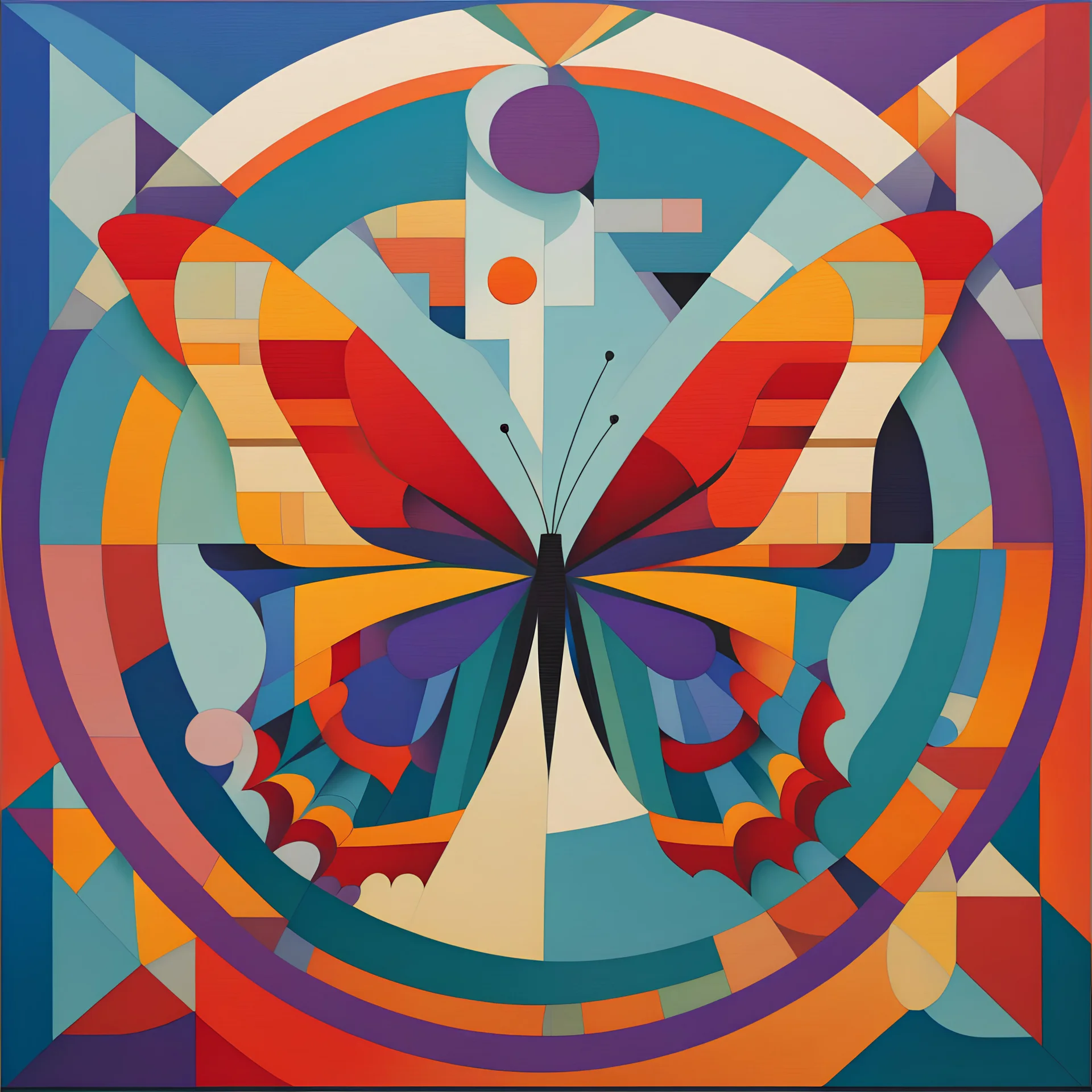 The image represents "a large Butterfly and a large flower extending beyond the circumference of the circle", which is depicted as an abstract painting with geometric shapes, Minimalist Cubofuturism, such as squares and triangles, arranged in a harmonious image. Colors should be vibrant using blue-green, red-orange, yellow and purple Background should be white. The overall impression is very minimalistic, modern and artistic.