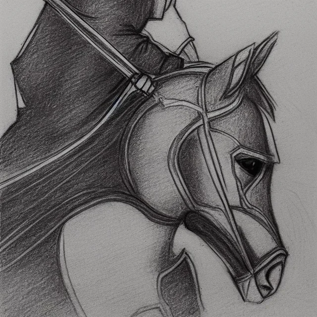 single line pencil sketch from side, little knight on the horse in armor with lancet charging