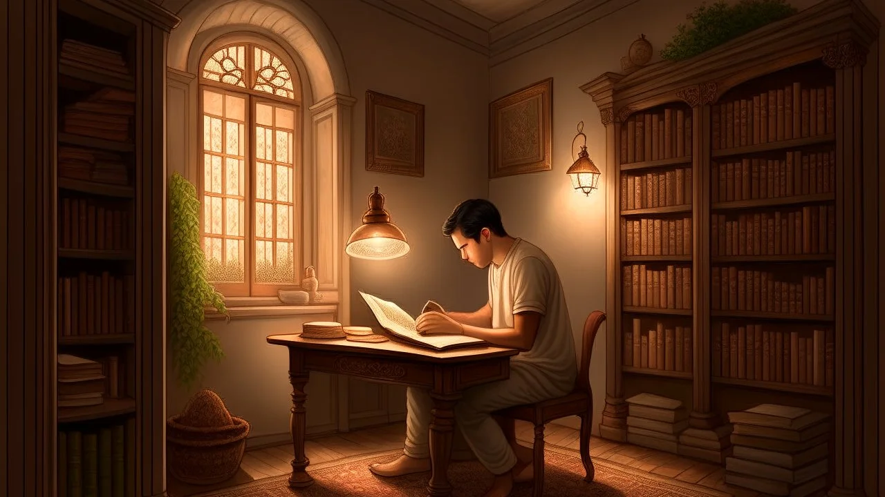 "The image depicts a tranquil and focused scene, featuring an individual engrossed in reading a book within a serene and comfortable environment. This visual captures the essence of personal growth and self-improvement, as the person is absorbed in absorbing inspiring content that contributes to their self-development and knowledge enrichment. The lighting and intricate details create a positive and motivational ambiance, ideal for learning and personal advancement."