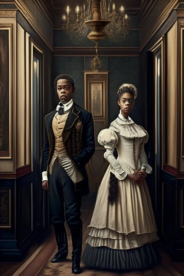 Mulatto siblings of older brother and younger sister in their thirties, dressed in fancy 19th century clothing, standing in the hall of an elegant house