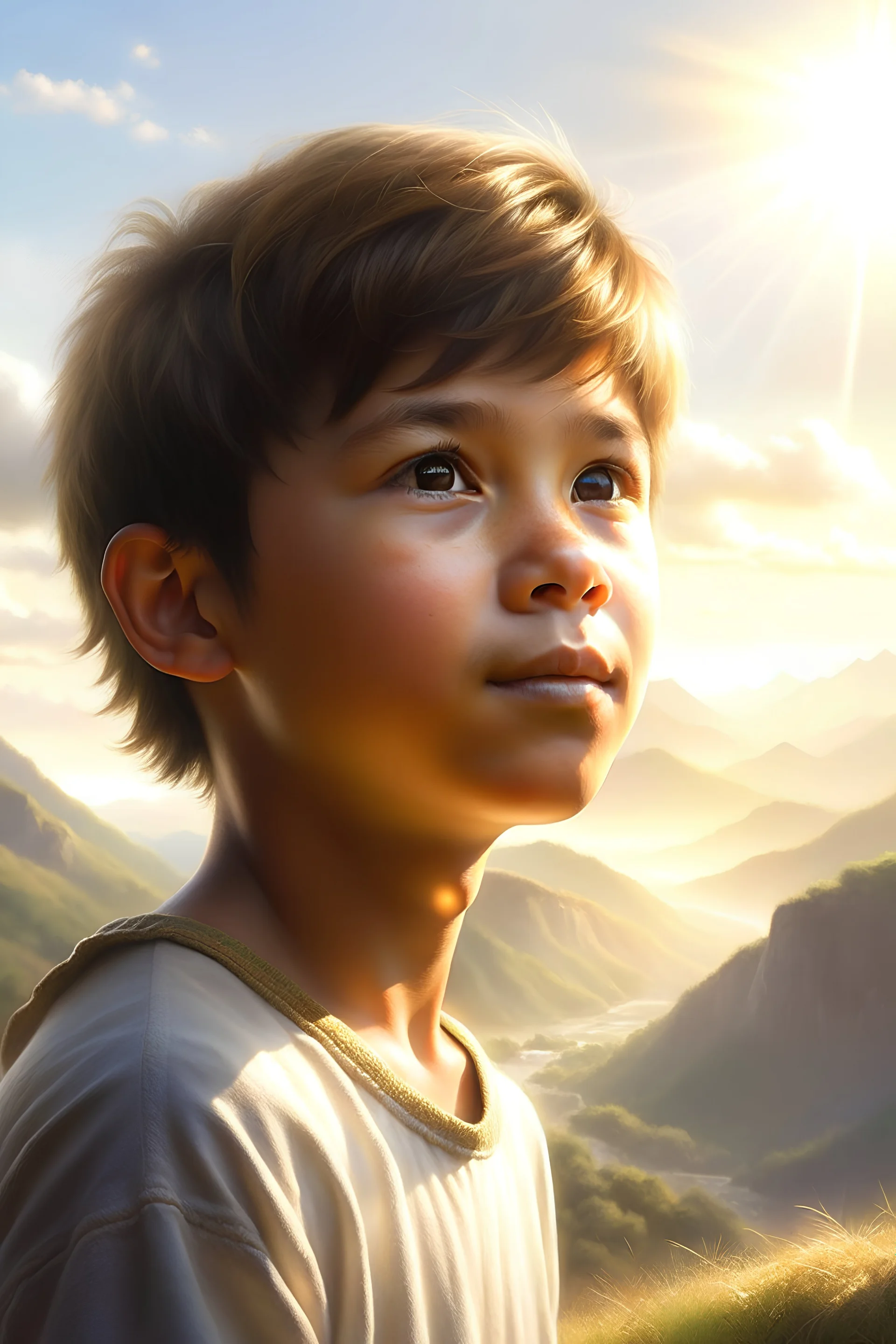 Digital art, high quality, digital masterpiece, natural illumination, spotlight, sun contrast, sunny day, realistic, film style, delicate, thin body, flat chest, (1 young peruvian boy on a mountain:1.5), (Cute femenine face:3), (Sun halo behind head:1.5), (Pretty eyes:1.2), (looking back:1.8), cute, happy, (Dark Brown hair:1.5), (subtlety smiling:1), (tan skin:1.5), (Red Inca Clothes:2), (on a Peruvian Valley:2)