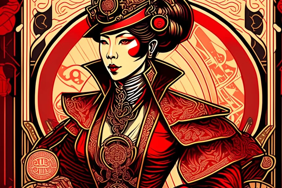 Stylized Asian Steampunk aristocrat, In the style of Tarot and Art Deco, Red colours