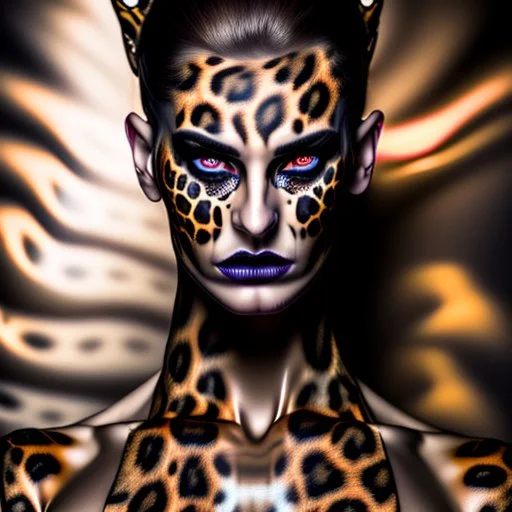 candy leopard, portrayed with the intricate facial features and extremely detailed pupils characteristic of Stefan Gesell's style, blended with the elongated forms and dramatic chiaroscuro reminiscent of El Greco, conveyed through a light painting technique with push processing, incorporating holographic elements for a dreamy, vibrant effect, soft skin texture, clarity achieved, supporting a perfect composition, cinematic atmosphere, delicate detail