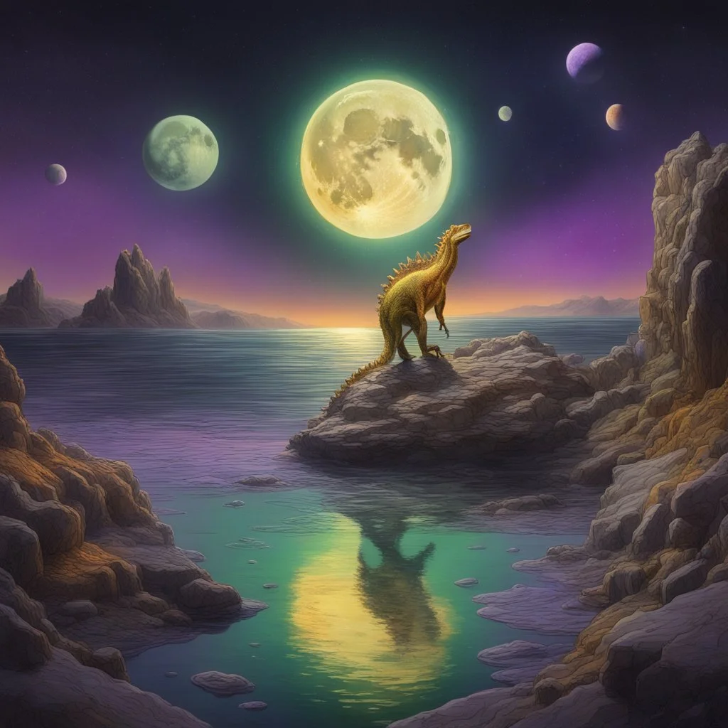 A pale detailed full moon, a prehistoric harsh rocky landscape divided by a calm sea, the universe seen from a distance with several moons and planets reflected in the water, orange, purple, yellow and green aurora, gold, surreal white filigree dinosaur entwined in a gold crescent standing on a rock ledge looking down into the water, surreal creature, night theme