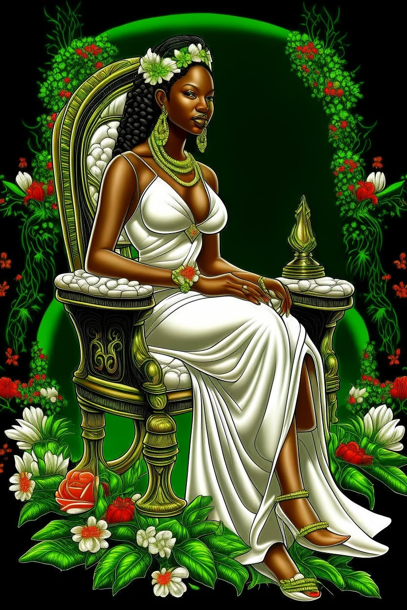 Create a digital airbrush cartoon of a curvy African American female sitting sideways on a queen throne. She is wearing a white shiny gown with white heels. Prominent make up with brown eyes. Highly detailed black and off-white braids in her hair. The braids are flowing all directions with a crown on her head. Background of green, black and red flowers surrounding her