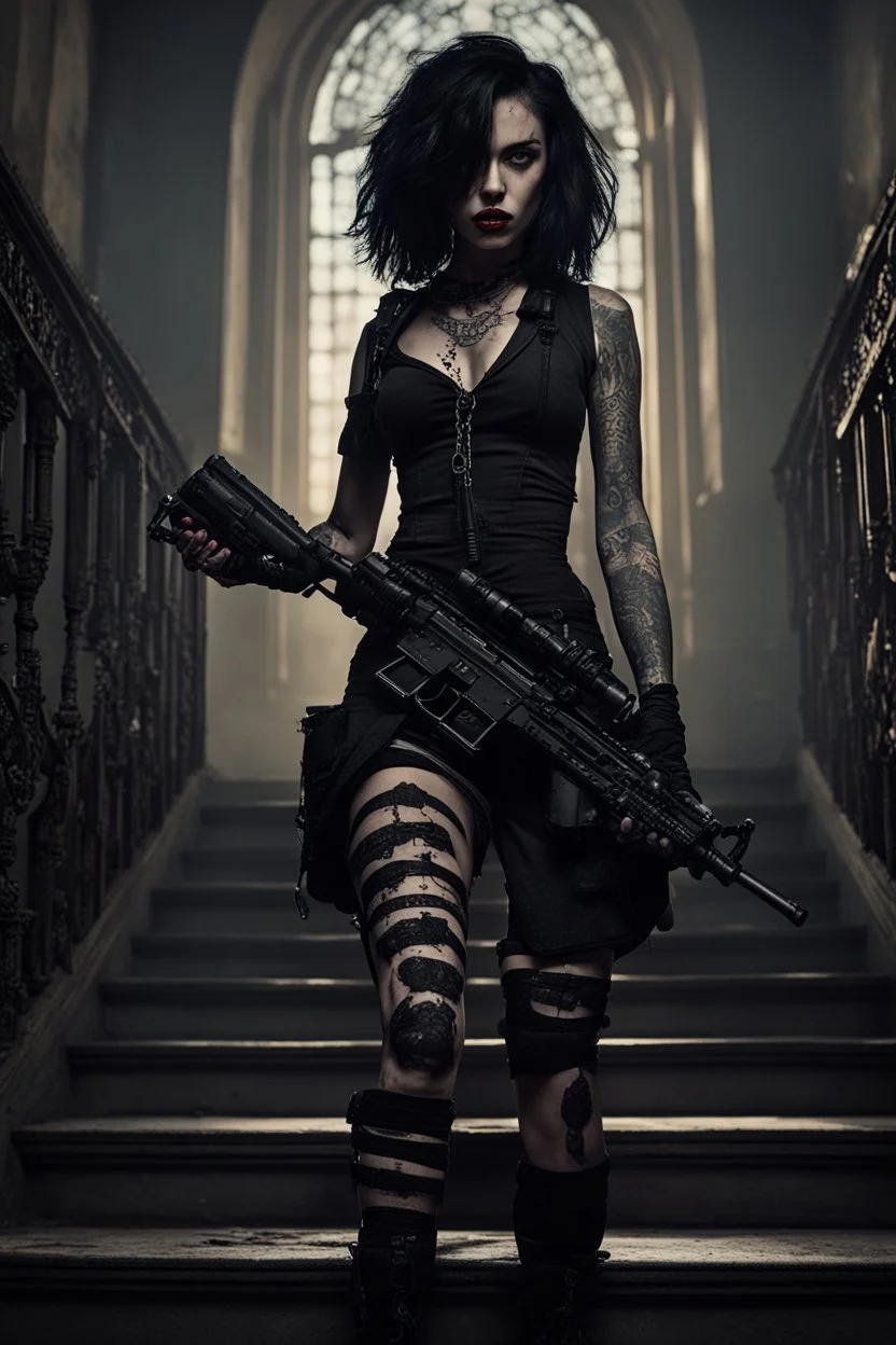 scarred cyberpunk vampire girl with tribal tattoos short curly dark cyberpunk hair descending the staircase in decaying gothic mansion with machine gun in hand at dawn