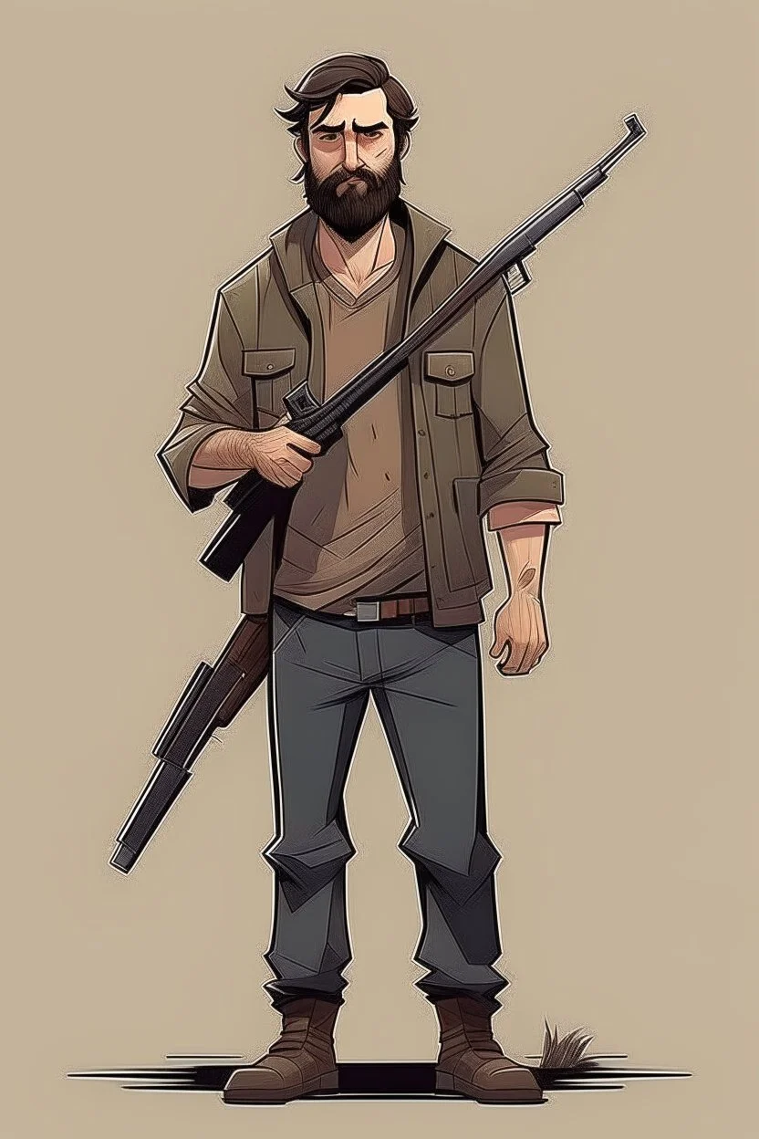 man, beard, brown hair, illustration, looking serious, full body, standing, mean,, looking sideways, holding a riffle