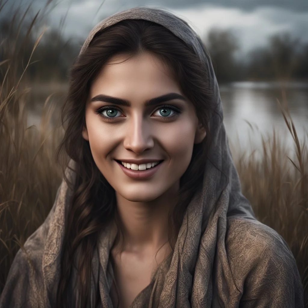 Hyper Realistic Close-up-view of Young-Happy-Pashto Woman with beautiful eyes angrily-Smiling on riverside & long-grass-&-dry-trees at dark-cloudy-night with dramatic ambiance