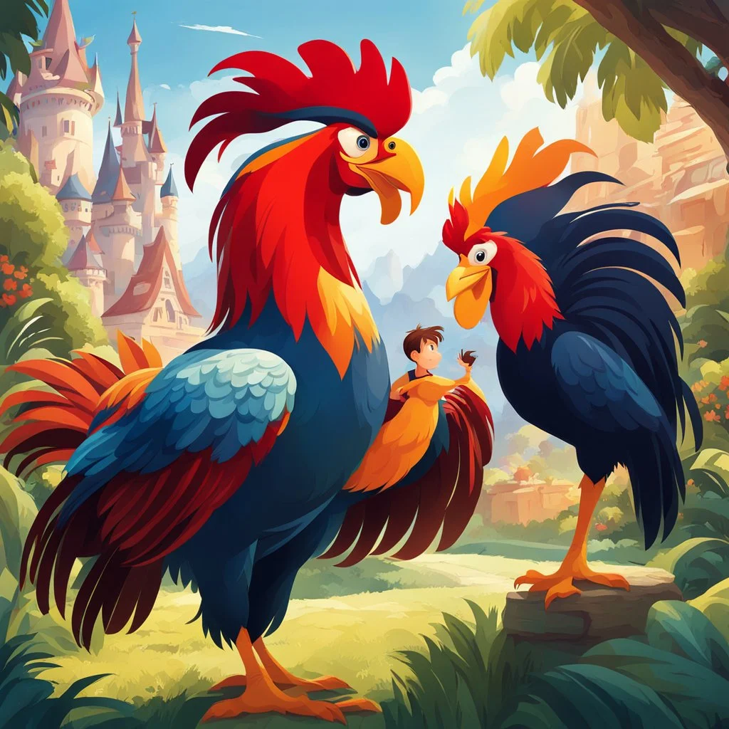 Ilustración estilo disney pixar de un niño con un gallo gigante calidad ultra