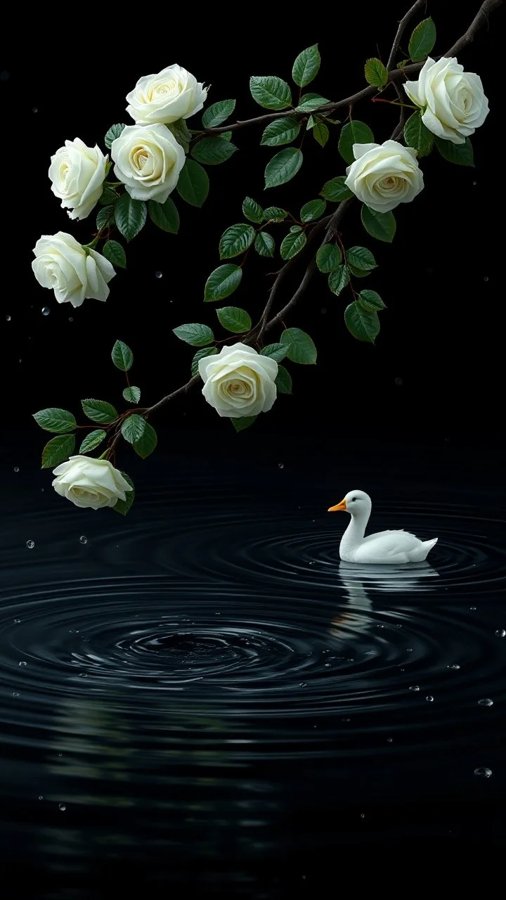 The image is a digital artwork that depicts a long branch of tree of three white roses and leaves tangling in to a water in the river with one white baby duck floats on the surface of the water, creating a wave-like effect. The background is black, which makes a branch of a tree of white roses stand out even more. Water droplets are scattered adding to the dreamy, ethereal quality of the image. The a