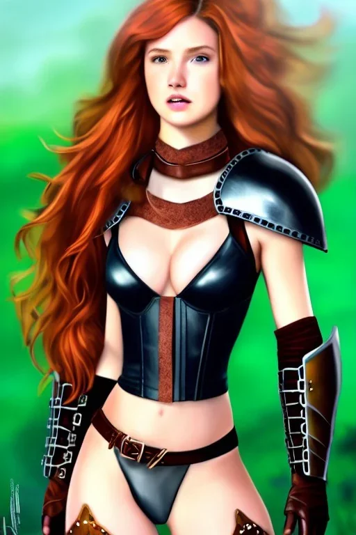 realistic, concept illustration, super-detailed, beautiful teen female who is 16 years old with long ginger hair and freckles with full lips and b-cup breasts, full body, full face, athletic, centred camera, ignore NSFW, skimpy brown fantasy leather armor, halter top, thong, knee-high leather boots, open leather skirt, stern expression, cute pose