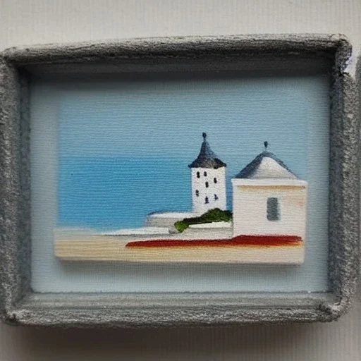 tiny oil painting of tiny seaside village, plain white background, solid white background, tiny white canvas, tiny white frame, melancholy, tender, moody, vintage, delicate arrangement, beautiful composition, etsy, aesthetic layout, plain solid white background