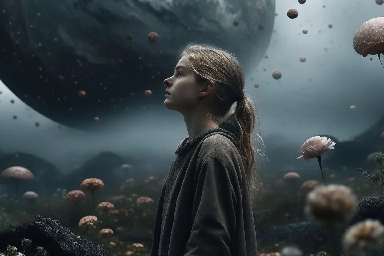 girl looking at the sky in the foreground, a rain of flowers falls on her, in the background you can see a huge gray planet, reference to the film Melancholy by Lars von Trier