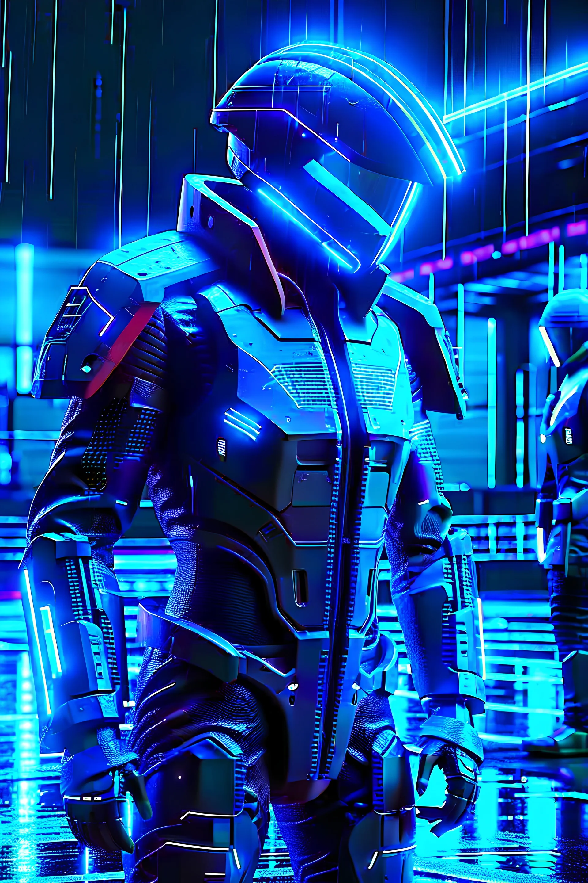 cyberpunk, neon blue, high technology, geometric figures, orbiting figures, cyberpunk suit, black and blue, epic, rain, neon blue suit, geometric figures orbiting around suit, exosuit, male