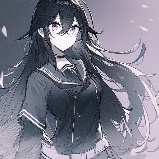 Clear focus, High resolution, rough line sketch art, long black hair, hair between eyes, fluffy hair, purple eyes, wearing a black and red sailor uniform, dark aura, 1girl