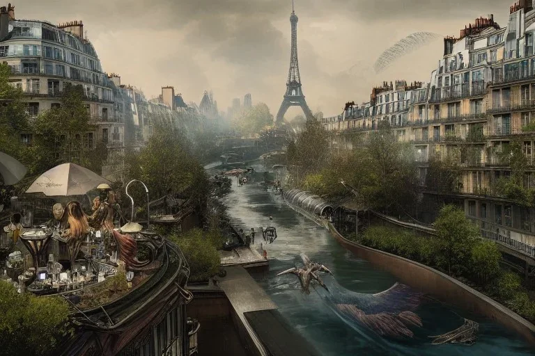 Senna+river+Bar on garden rooftops +Paris mixed new york +Skyscraper +steampunk+biopunk+alphonse mucha, greg rutkowski,matte painting, cryengine, hyper detailed, felix kelly, fantasy art, seb mckinnon