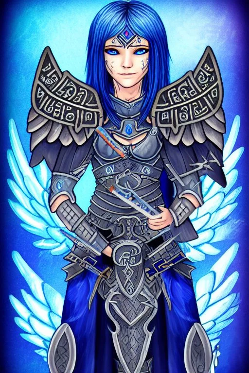 a person in runic armor with blue wings, blue short hair, runic tattoo and spell book