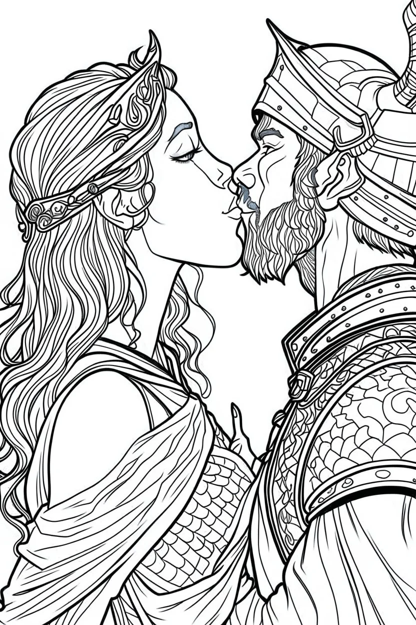 Fantasy coloring page, minimal detail. HD. Woman kissing a male knight with a beard. No background detail.