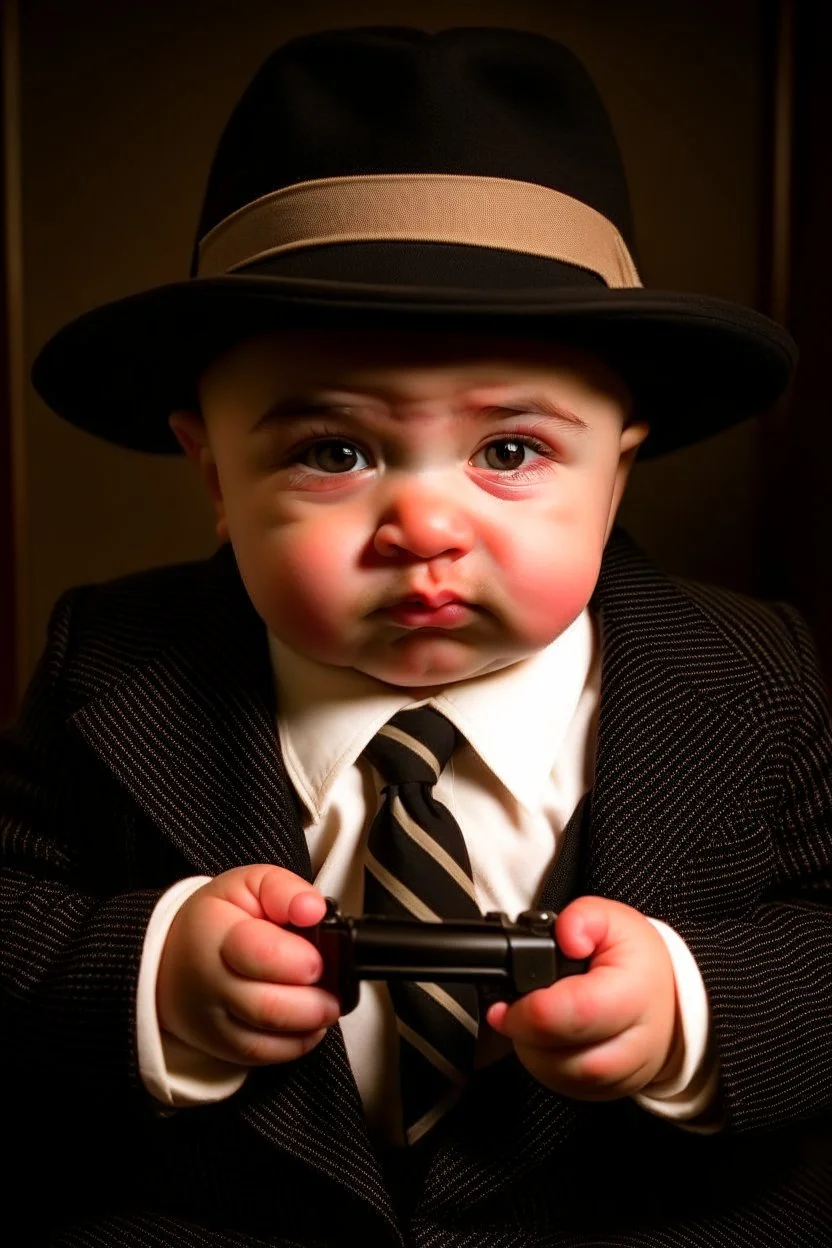 Baby Mafia boss as Al Capone with Tommy gun