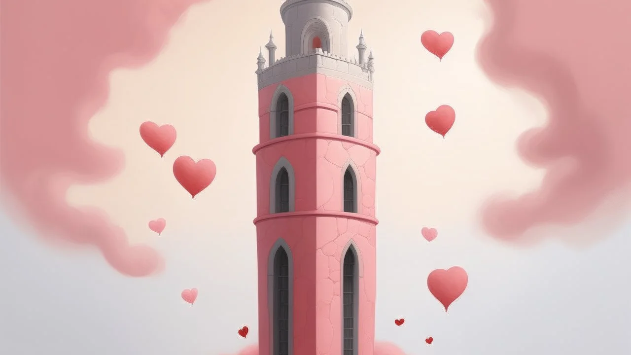 A light pale pink Valentine's themed tower with hearts painted by Caspar David Friedrich