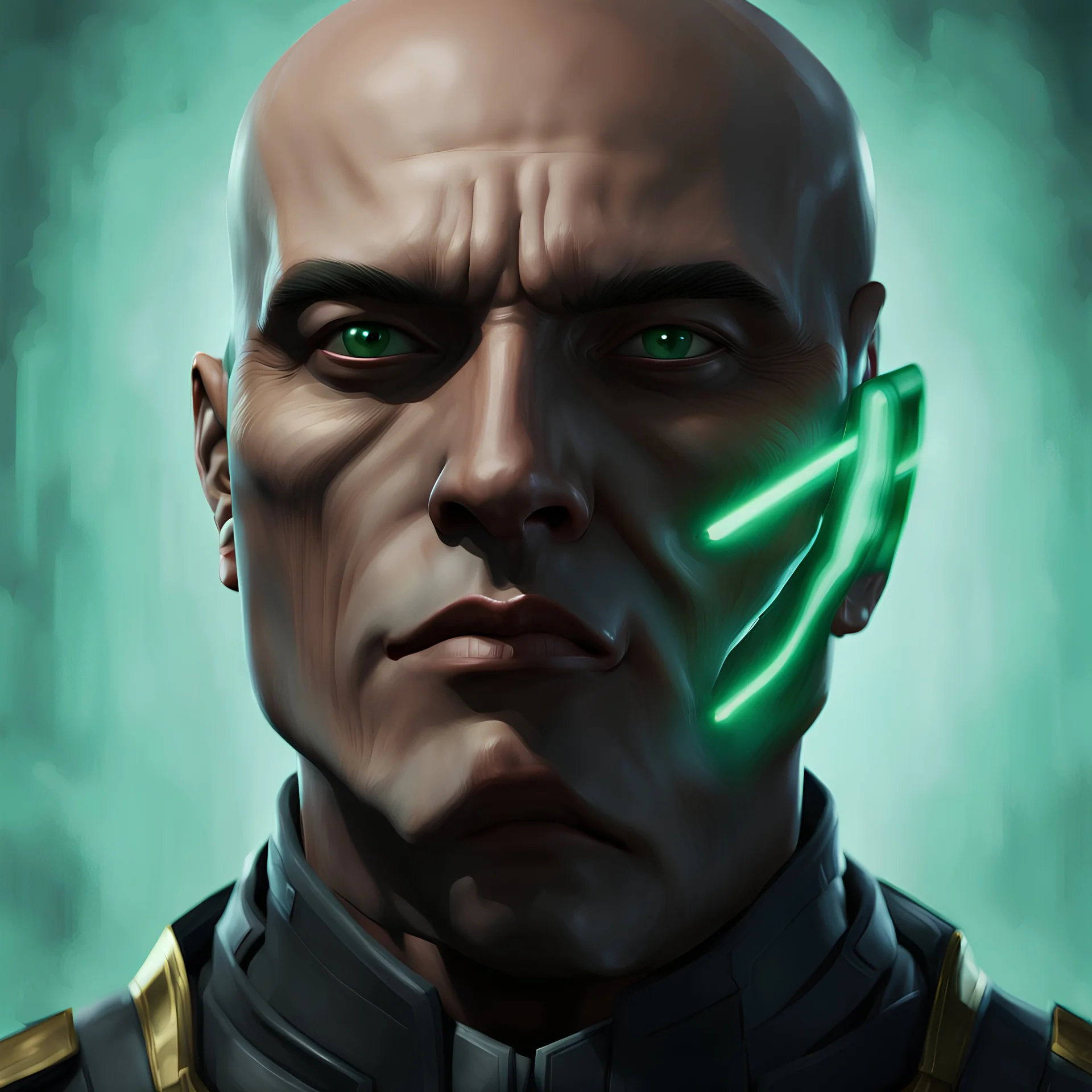 star wars bald male corellian jedi pilot wearing gunmetal grey and black old republic armored robes with gold trim inside the jedi temple holding a lightsaber with viridian green blade in left hand, centered head and shoulders portrait, hyperdetailed, dynamic lighting, hyperdetailed background, 8k resolution, volumetric lighting, light skin, fully symmetric details