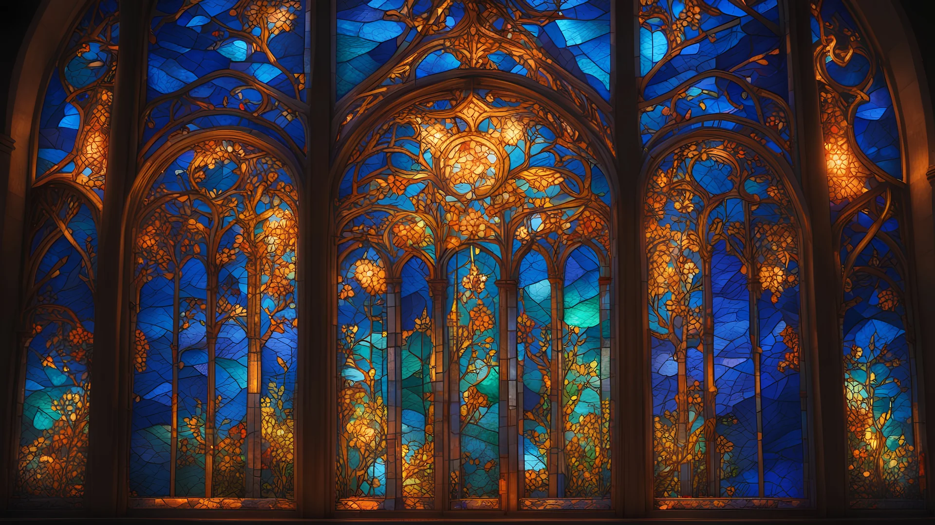 Stained glass, night, relaxation, luxury, dream world, calm beauty, symmetry, fantasy world, magic, beautiful composition, exquisite detail, 135mm lens