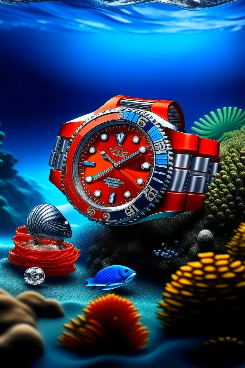 Prompt an image featuring a Cartier Diver watch submerged underwater with vibrant marine life and a mid journey vibe, capturing the essence of exploration.