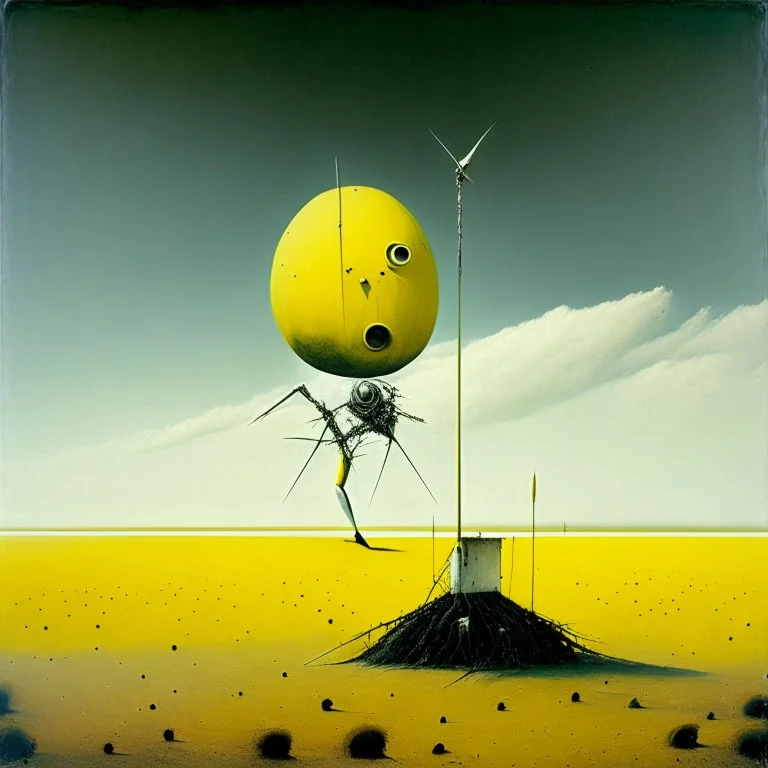 High concept art, dramatic surreal landscape, large scarecrow dressed as an astronaut propped up on a wooden stake in a corn field, smoking lunar lander wreck in the distance which looks like a lemon, dynamic composition, oddball masterpiece, sfumato, complex contrast, style of "Indefinite Divisibility" by Yves Tanguy