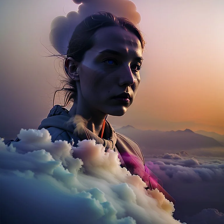 smoke plumes, clouds, smog, city scape with pollution, woman, double exposure photography, colourful nature, clean sharp focus, on white background, Fractal Geometry buildings, sacred geometry