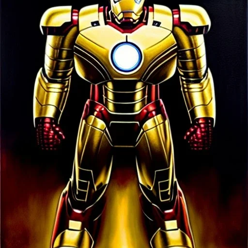 fullbody portrait in oil on canvas of ironman with Golden Hulkbuster armor, ominous, intense stare, masterpiece, realistic, intricate detail, sci-fi fantasy style, volumetric lighting, particles, highly detailed ,cinematic , deep colours, 16k, by Kaare Andrews and caravaggio and simon Bisley.