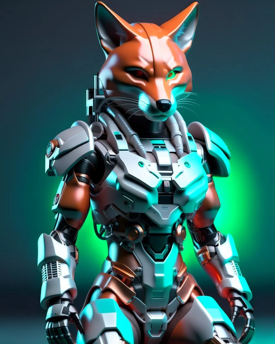 3D Portrait of a cyborg fox in natural colours wearing futuristic face armor in realistic fantasy full body