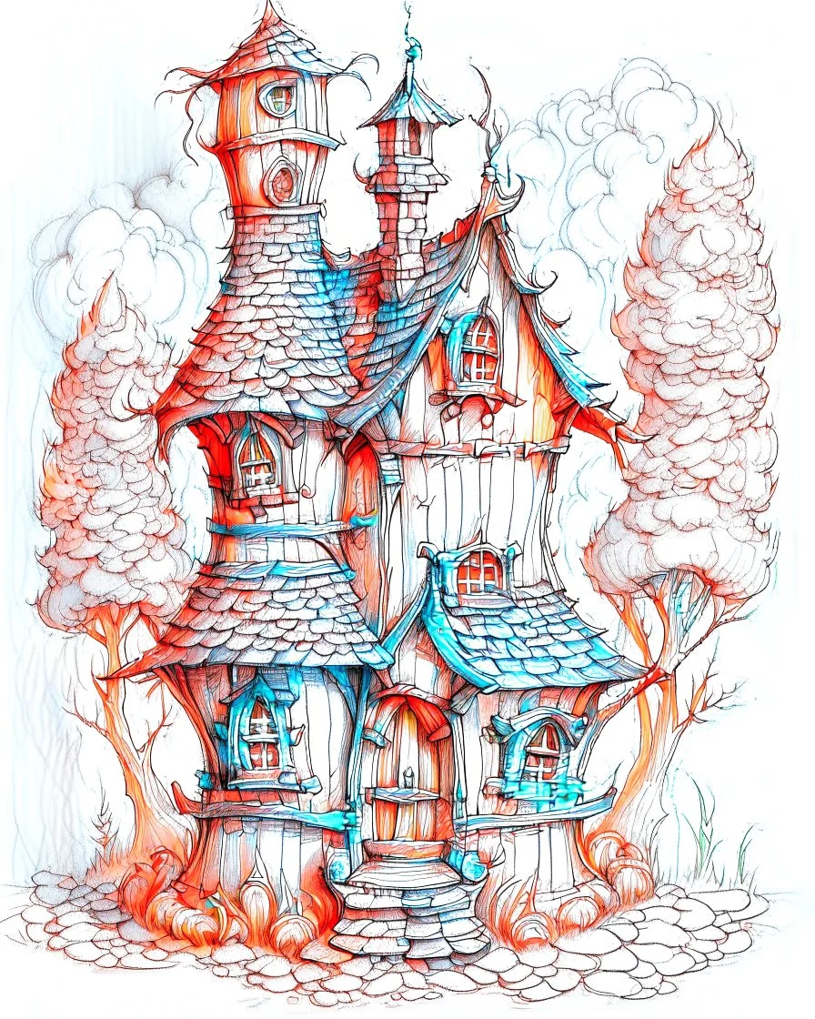A pencil sketch front elevation line drawing of a tall, narrow, twisted, mediaeval fantasy house.